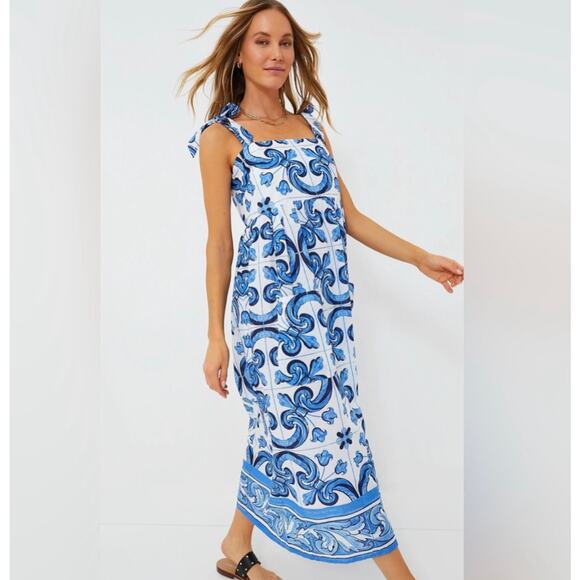 TUCKERNUCK  blue majolica tile tie shoulder Tilly Caftan Maxi NWT Size Small - Picture 1 of 10